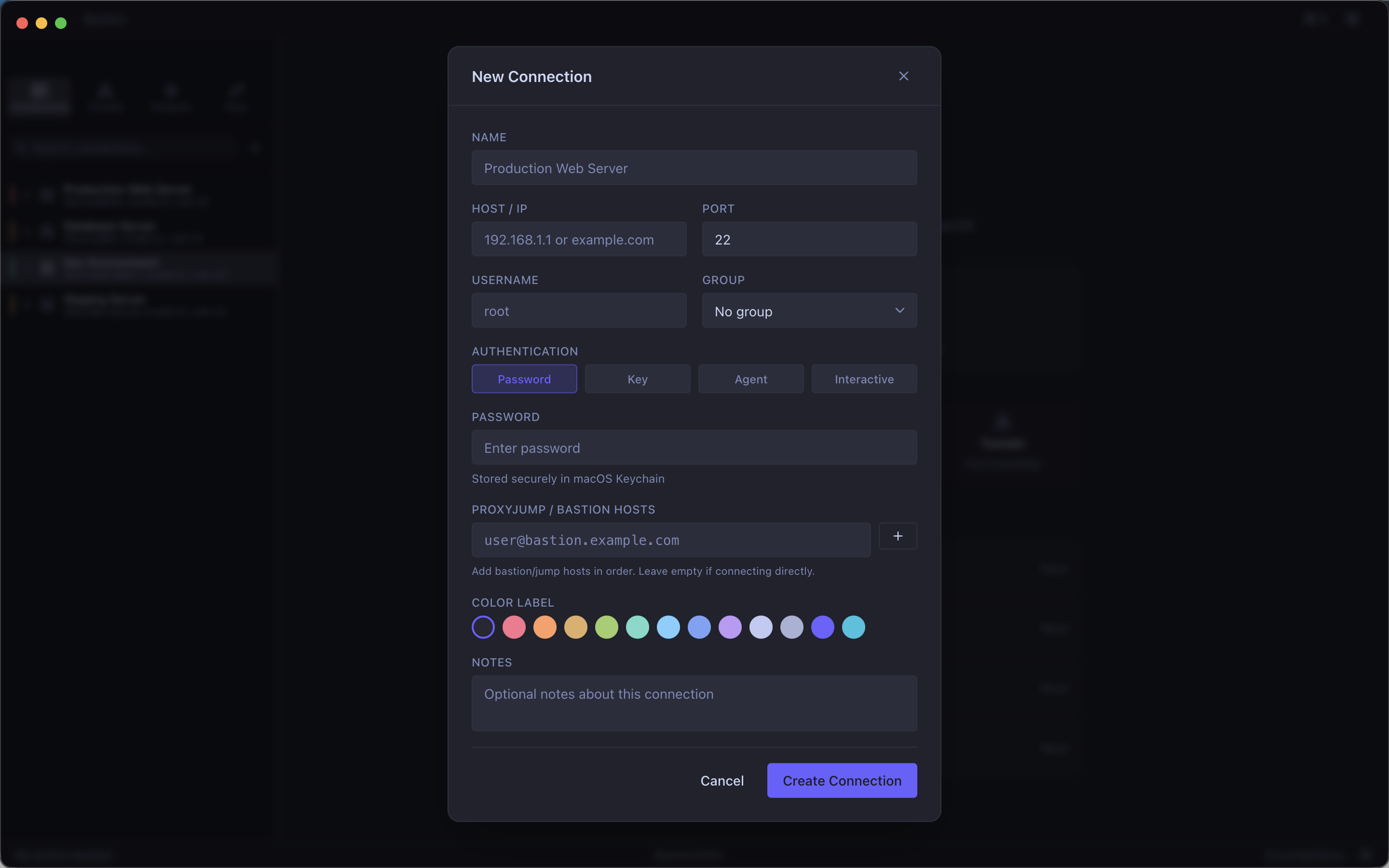 New connection dialog